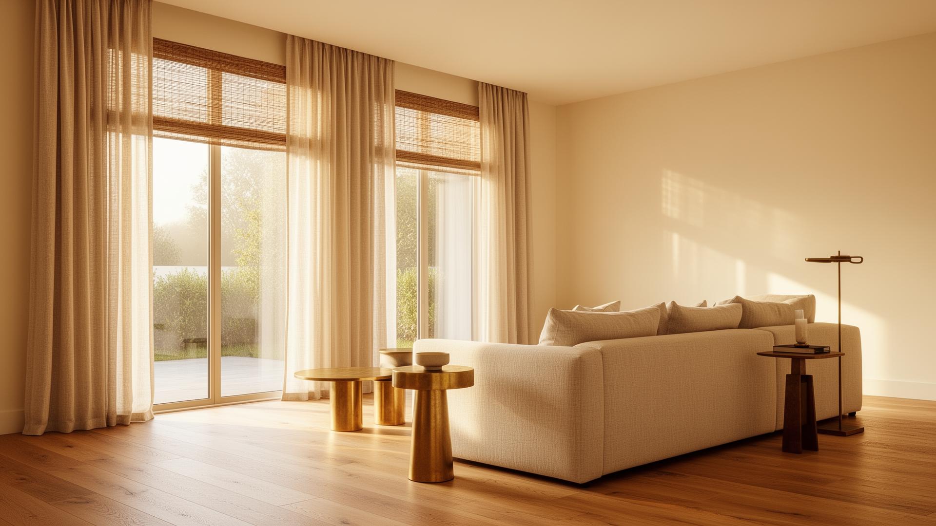 Sun-drenched living room with linen drapes and woven wood shades